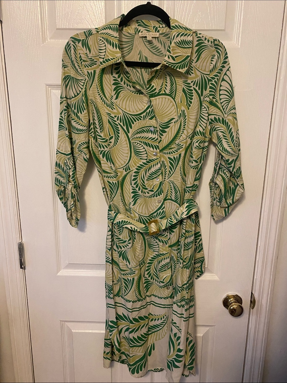 fig and flower Green and Cream Leaf-Print Midi Shirt Dress with Belt